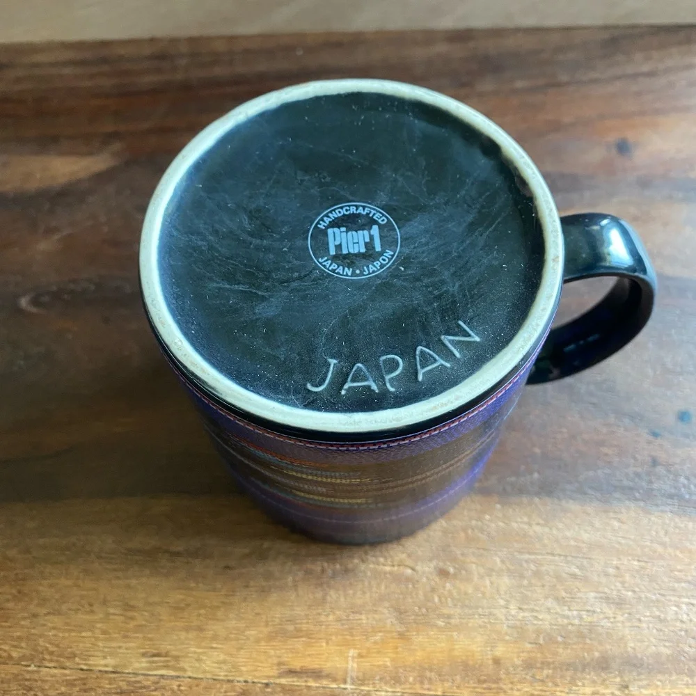 Pier 1 One Imports Handcrafted Japan Woven Patten Ceramic Mug Cup Blue Black